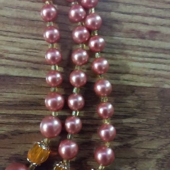 3 Strand Necklace Beads Pink Gold Orange Made Well Slightly Adjustable Perfect - Picture 4 of 5